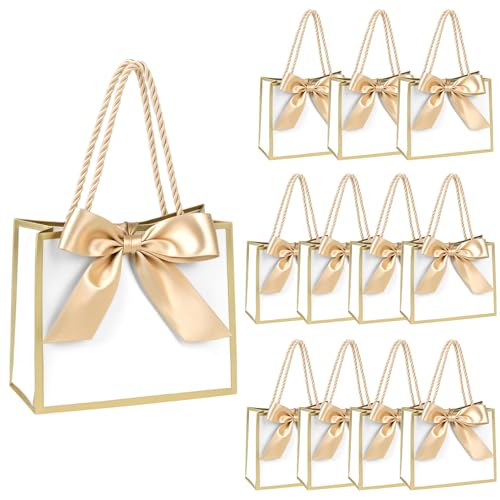 QWORK® 12 Bolsas de Regalo Pequeñas 14x6x12cm – Mini Bolsas de Papel con Borde Dorado y Lazo de Satén para Bodas, Bautizos y Comuniones – Bolsitas Elegantes para Joyas, Dulces y Detalles de Invitados