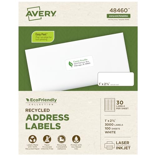 Image of Avery EcoFriendly Recycled Address Labels, 1 inch x 2-5 /8 inch, White, Permanent Label Adhesive, 3,000 Printable Labels (48460)