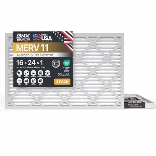Image of BNX TruFilter 16x24x1 Air Filter MERV 11 (2-Pack) - MADE IN USA - Allergen Defense Electrostatic Pleated Air Conditioner HVAC AC Furnace Filters for Allergies, Dust, Pet, Smoke, Allergy MPR 1200 FPR 7