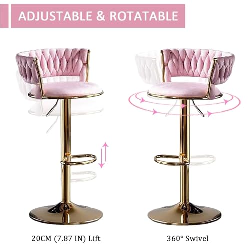 Butacos de Bar Ajustables con Espaldar y Reposapiés, Tapizados en Terciopelo, Patas y Base Metálicas Doradas, Silla Giratoria 360° para Comedor o Pub, Rosa miniatura 3