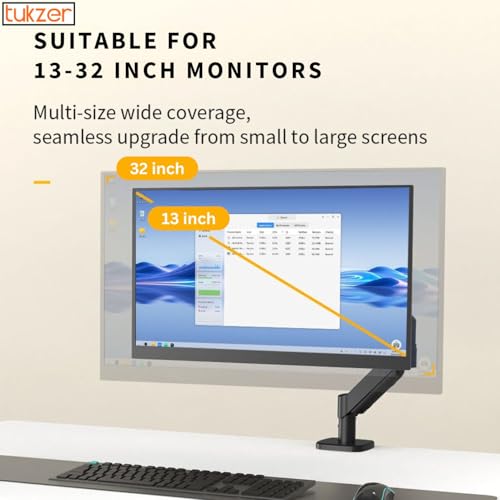 Image of Tukzer Single Gas Spring Monitor Arm, Computer Screen Monitors Stand /Desk Mount (13 inch-32 inch) with C-Clamp & Grommet Mounting Base,Full Motion Tilt /Swivel /Rotation /Aluminium Build,VESA 75x75 & 100x100 mm
