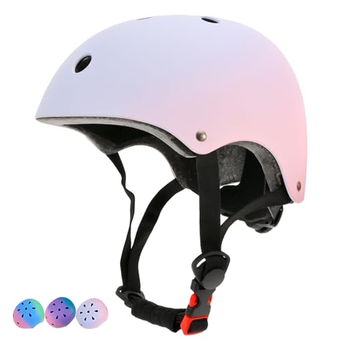 LOKJIJI Casco de Bicicleta Ajustable para niñas y niños, Cascos Infantiles de protección con degradación de Colores para Multideporte Ciclismo Patines Patinete Patinaje (Rosa Azul, M)