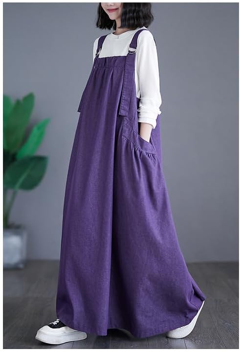 Denim Jumper Dress for Women Loose Version Baggy Style Maxi Length Adjustable Straps Wide Hemline - Image 3