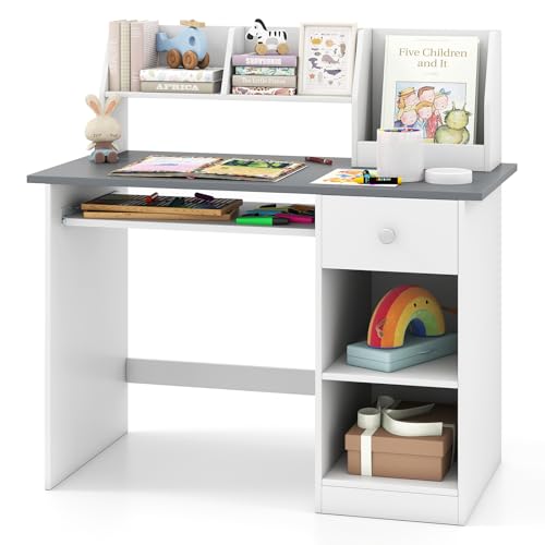 COSTWAY Escritorio de Estudio de Madera para Niños, Estación de Trabajo de Computadora, Bandeja de Teclado, Cajón, Estante Almacenamiento, Mesa Infantil de Escritura en Espacios Pequeños (Gris)