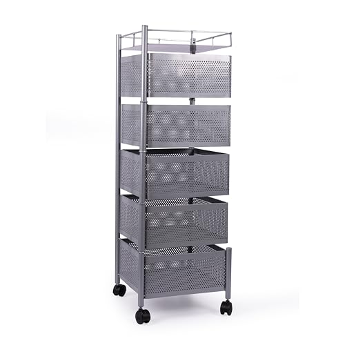 Image of KITCHIVO Kitchen Storage Rack | Revolving Vegetable Rack | Square Multipurpose Storage Trolley with Wheels | Metal Fruit Rack (Silver, 5 Layer)