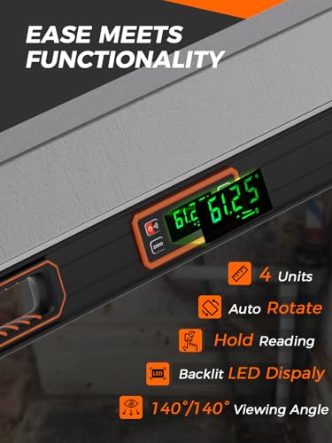Image of Mecurate 48-Inch Digital Level, Professional Smart Precision Torpedo Level Tool, Bright LCD Display, Audible Alerts, Magnetic Bottom, Dust Water Resistant, with Carrying Case