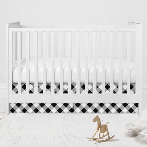 Crib or Toddler Tailored 13 inch Drop Cotton Percale Bed Skirt, Lumberjack White/Black Buffalo Plaids Print