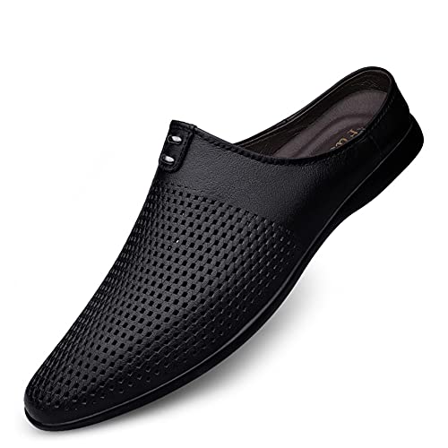 GOSPT Men's Genuine Leather Punching Slippers Backless Loafers Slip on Flats Shoes4