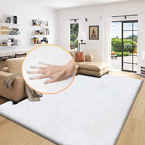 White Fluffy Living Room Rugs 6x9 Area Rug Washable Shag Rugs for Bedroom Faux Rabbit Fur Nursery Rug Rectangle Rug