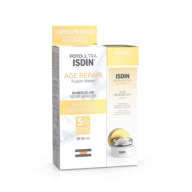 ISDIN PACK FotoUltra Age Repair Fusion Water SPF 50, Protector solar facial 50 ml + Minitalla Isdinceutics A.G.E. Reverse Day 7ML, Tratamiento remodelante facial con triple acción
