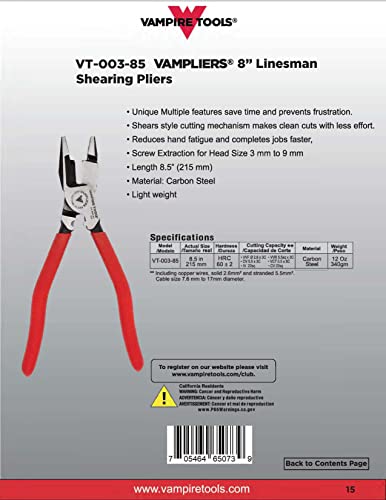 Vampliers Vt-003-85: 8.5" Linesman Shearing Pliers With Patented Screw Removal Feature #TOP2