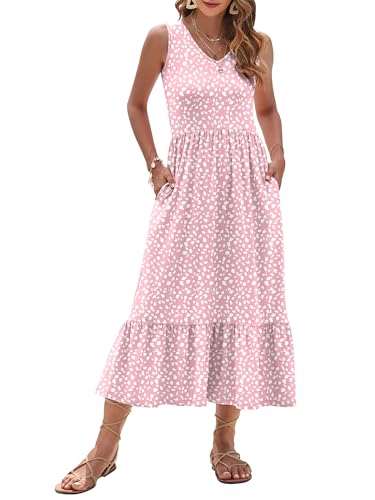 Image of AUSELILY Womens Summer Maxi Dress Casual Sleeveless V Neck Floral Dresses | A line shape with practical side pockets, Vacation dress for resort walks, Pair with low heels and simple jewelry