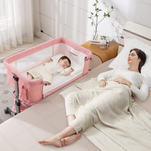 Cuddor Bedside Bassinet For Baby, Bedside Sleeper With Wheels, Heigt Adjustable, With Mosquito Nets, Large Storage Bag, For Infant/Baby/Newborn - Pink #TOP1