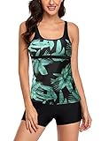  AOQUSSQOA Mujeres Floral Halter Tankini Set con Shorts Bikini de Traje de baño Deportivo de Cintura Alta (Green Leaf, XL)