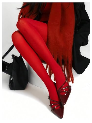 Image of WDIRARA Women's Burgundy Red Opaque Tights Pantyhose Tights High Waist Stockings