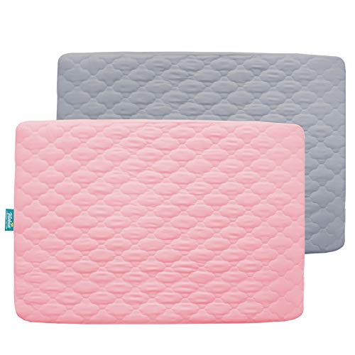 Image of 2 Pack Pack and Play Mattress Protector Sheets Fitted Waterproof Playard Mattress Pad Cover, Compatible with Graco Pack n Play & Dream On Me & Pamo Babe, Playpen/Playard Sheet, Gray&Pink, 39" x 27"