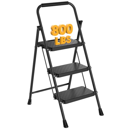 NEWBULIG 3 Step Ladder, Collapsible Step Stool with Safety Lock, Anti-Slip Rubber Feet, Lightweight Portable Ladder for Home Office Garage, Black