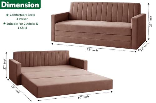 Image of Modern Three Seater Sofa Cum Bed with Armrest, Velvet Fabric Sofa for Living Room, Space Saving Foldable Sleeper Sofa - Brown