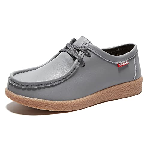 Image of TRULAND Leather Oxford Shoes for Women - Suede Lace Up Moc Toe Low Platform Flat Wallabees Shoes