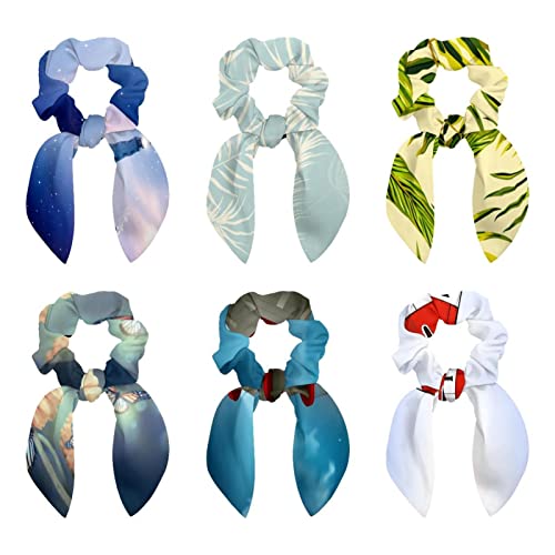 6 Pcs Hair Scrunchies - Light Color Palm Leaves Pattern Hair Scarf Scrunchy with Ribbon Bow, Elastic Hair Ties Ponytail Holders for Women Teenage Girls