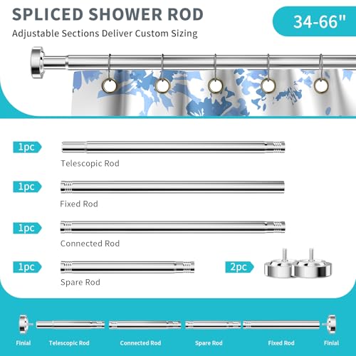 Image of Shower Curtain Rod 34-66 Inches Never Rust 304 Stainless Steel Tension Curtain Rod Adjustable Shower Rod Spring Tension Non-Slip No Drilling Shower Rods for Bathroom Window