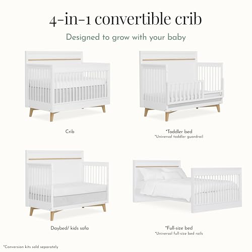 Image of Evolur Loft Antilia Mid-Century 4-in-1 Convertible Crib in White & Natural, GREENGUARD Gold Certified, Converts to Toddler Bed, Daybed & Full Bed, Fits Standard Crib Mattress, Adjustable Mattress Base