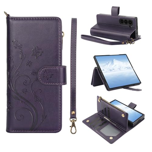 Étui pour Samsung Galaxy Z Fold3 5G violet foncé en cuir portefeuille à rabat