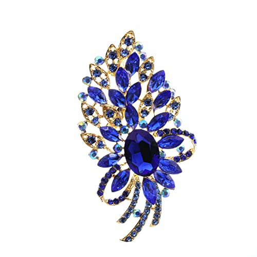 Image of YOQUCOL Vintage Blue Austrian Crystal Rhinestone Leaf Shape Big Large Brooch Pin for Women Girls