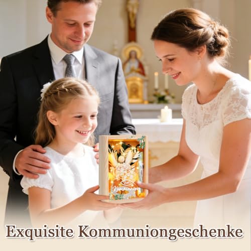 Kommunion Geschenke für Mädchen Junge,Geldgeschenke Verpackung Kommunion/Erstkommunion,inklusive Holzbox+Trockenblumen+LED Lichterkette+Reagenzglas+Fish Holz+Karte