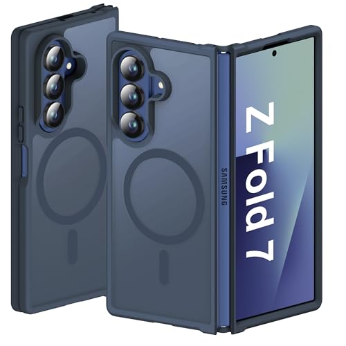 Image of ORETECH Magnetic for Samsung Galaxy Z Fold 7 Case, Translucent Back Non-Slip Hard PC Shockproof Bumper Protective Phone Case Cover for Samsung Z Fold 7 - Navy Blue