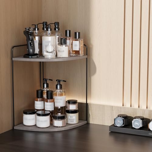 Image of Forest Angle Bathroom Counter Organizer,Countertop Organizer,Vanity Organizers,Bathroom Storage,Bathroom Sink Caddy,Counter Shelf,Corner Counter,Corner Shelves(Black-Grey)