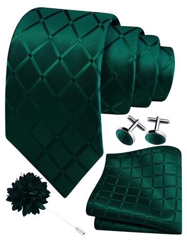 Image of GUSLESON 3.15 inch（8cm） Mens Tie and Lapel Pin Plaid Checkered Necktie Hankerchief Cufflinks Set for Men