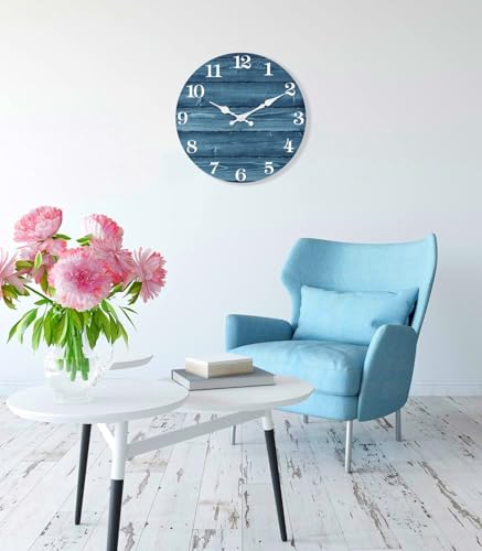 Image of XFM Blue Farmhouse Wooden Wall Clock 14 Inch Silent | Non-Ticking Battery Operated Vintage Country Rustic Round Decorative for Kitchen Living Room Office