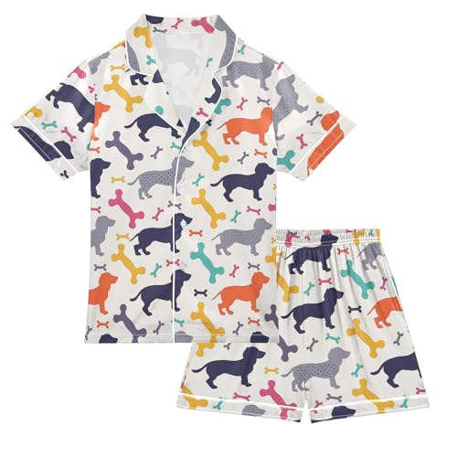 Dachshund Silhouette Print Summer Satin Pajama Set, Cute Button-Down Sleepwear Pj Set for Sleep Wears