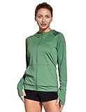 FitsT4 Laufjacke Damen Leichte Sportjacke Langarm Fitness Yoga Trainingsjacke voll Zip Funktionsshirt Schnelltrockend Atmungsaktiv mit Kapuze, Daumenloch und Taschen,Gruen,Gr.M