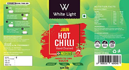 Image of White Light Food Jain Hot Chilli Sauce l Vegan and Natural Ingredients l Ready to Eat Healthy Food (250g) (Pack of 1)