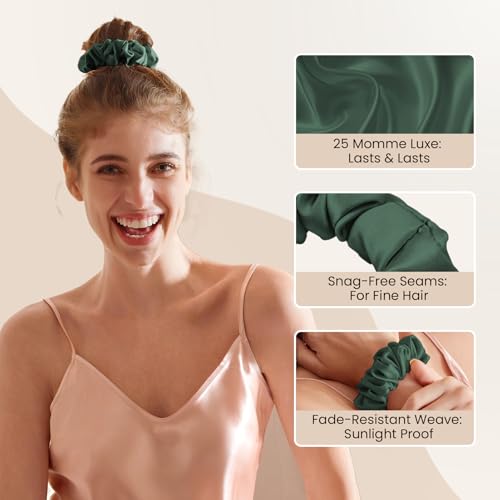 Image of THXSILK 100% Mulberry Silk Chunky Scrunchies 3-Pack, 25 Momme Mulberry Silk Hair Ties for Women, Thick Voluminous No Damage Hair Ties, Ponytail Holders for All Hair Types, Emerald Green