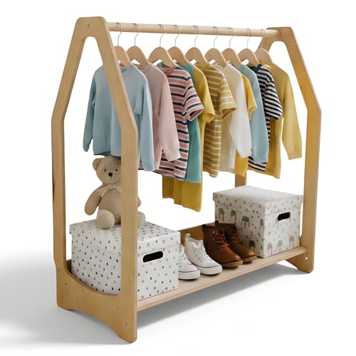 WOOD&ROOM Montessori Kids Wooden Clothing Rack with Shelf
