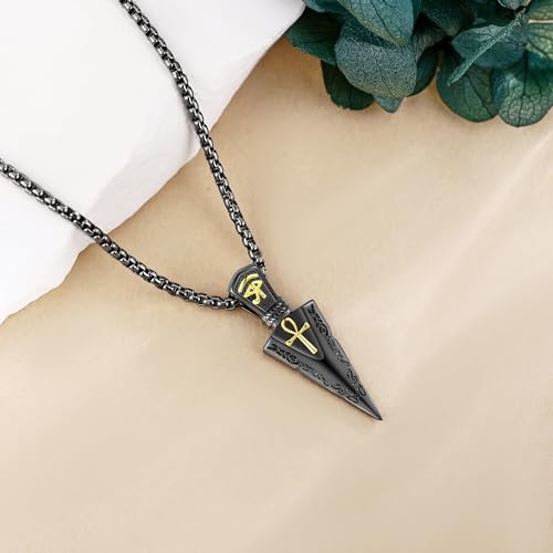 YAFEINI Arrowhead Necklace for Men 925 Sterling Silver Ankh Eye of Horus Necklace Black Arrowhead Pendant Egyptian Jewelry Gift for Men3