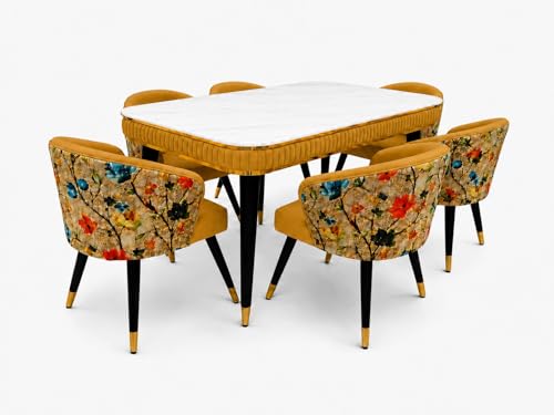 Image of WOODEN SPACE 6-Seater Wooden Dining Table Set | Nano Composite Marble Top | Solid Wood Base | Modern Dining Room Furniture with 6 Chairs (Yellow Printed)