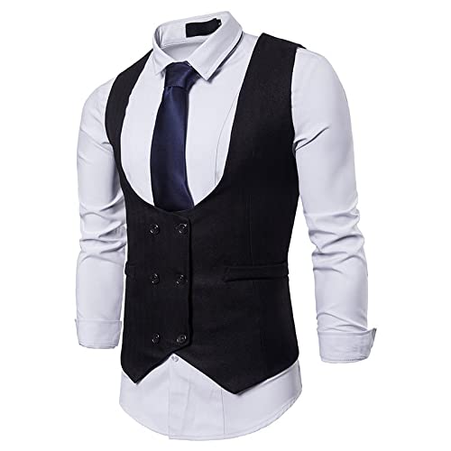 SHACE Men's Business Suit Vest - Men Tweed Double Breasted U Neck Suit Vest Autumn Sleeveless Formal Business Party Waistcoat Plus Size,Black,XL2