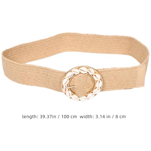 QianShi Women Bohemian Belt Handmade Braid Woven Boho Wide Elastic Waist Belt with Round Buckle and Shells Waistband for Vacation Outfits Summer Dresses Beach Party Decorations2