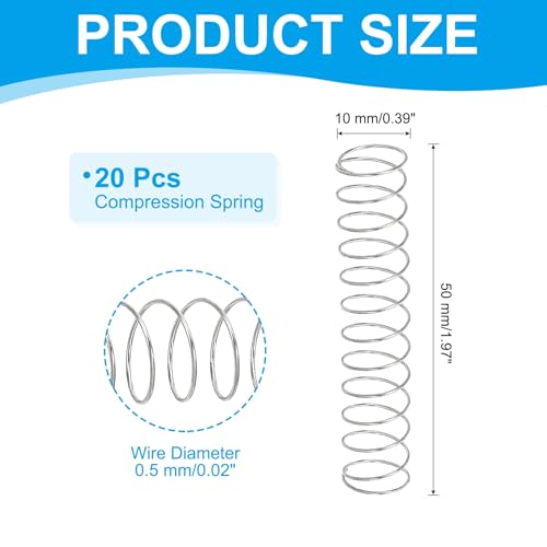 Miniatura 2 de Patikil 20pcs Resortes De Compresión, 0.5x10x50mm Diámetro Alambre Od L Muelles De Compresion 304 Acero Inoxidable Resorte Mecánico Cilíndrico Pequeño Para Reemplazo Reparación Industria