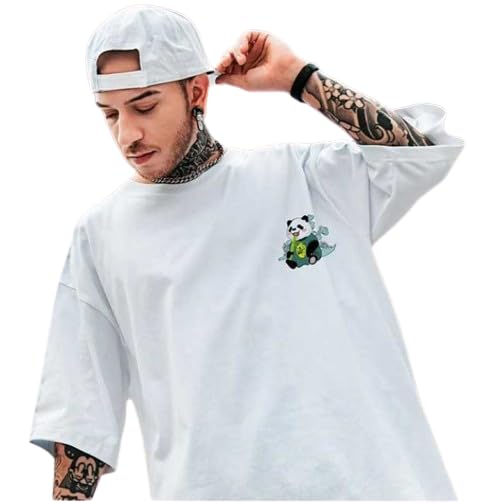 Image of Oversize Tshirt for Men Black Cotton Half Sleeve Stylish Back Printed Trendy Down Shoulder Baggy fit Casual Summer Print wear | PandaCoolWhite