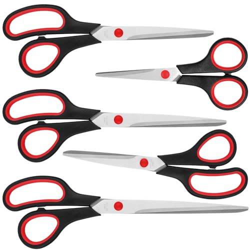 Scissors Multipurpose Scissors with Sharp 2mm Thick Blades Soft Grip Handle Heavy Duty Stainless Steel Scissors for Home Offices Schools Black & Red 5 Size