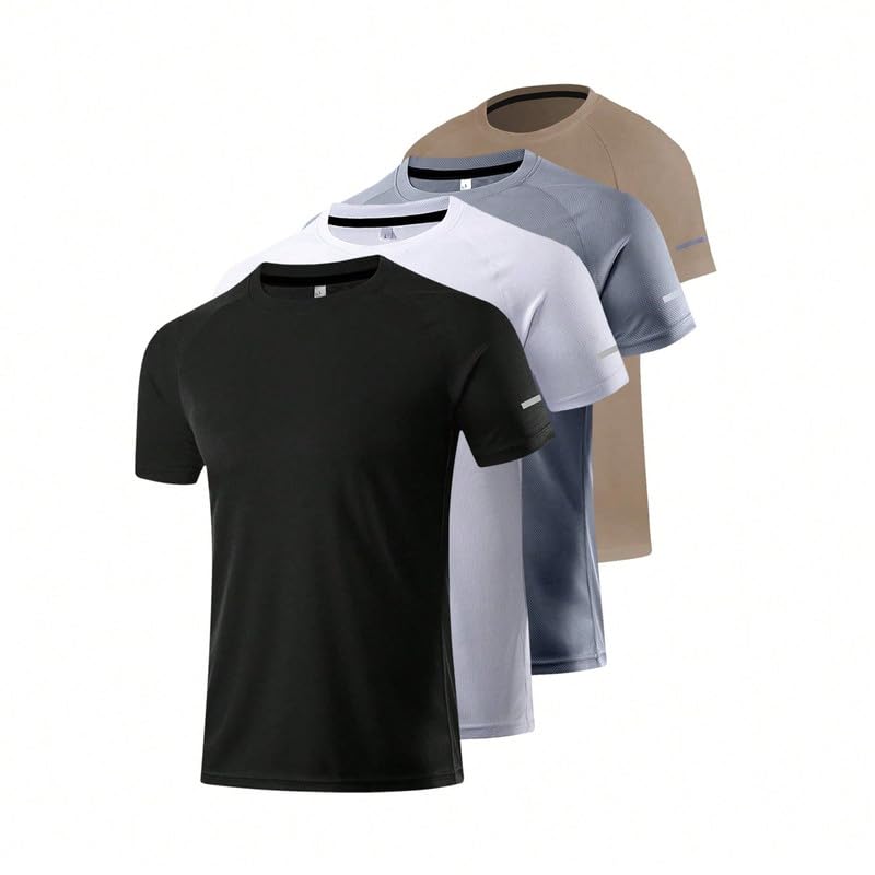Paquete de 4 camisetas de manga corta para hombre, de secado rápido, cuello redondo, atlético, correr, gimnasio, entrenamiento, camiseta de manga corta