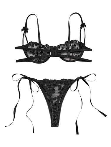 Image of Lilosy Sexy Tie Side Cute Underwire Push Up Strappy Embroidered Mesh Sheer Lingerie Set