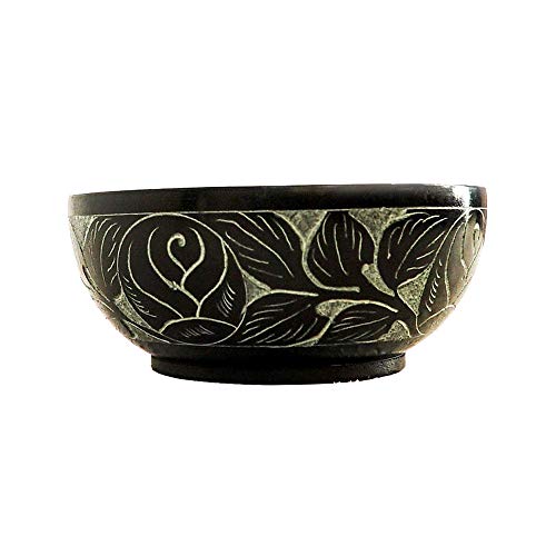 Kaizen Casa Hand Carved Natural Stone Bowl, Smudge Bowl, Stone Bowl, Smudge Pot, White Leaf Carved Design |Size_5” X 2” – Black | Ritual Bowl Display Bowl Jewelry Dish Kitchen Table Decor Gift. #TOP4