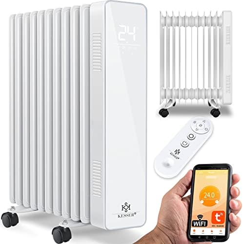 KESSER® Grzejnik olejowy 2500 W, mobilny grzejnik elektryczny, energooszczędny, ze sterowaniem aplikacją WiFi i wyświetlaczem dotykowym LED, pilotem zdalnego sterowania, grzejnik olejowy, ogrzewanie
