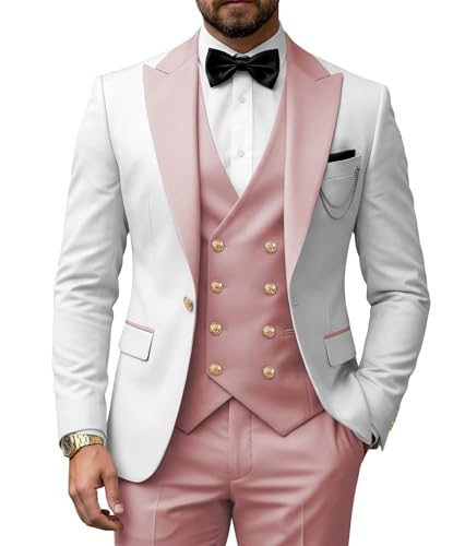 XDIELAN 3 Pieces Men's White and Dusty Rose Tuxedos with Bow Tie for Mens Slim Fit Double Breasted Gold Buttons Suit for Men Suit Tuxedo for Men with Bow Tie Wedding Party Dinner Prom L